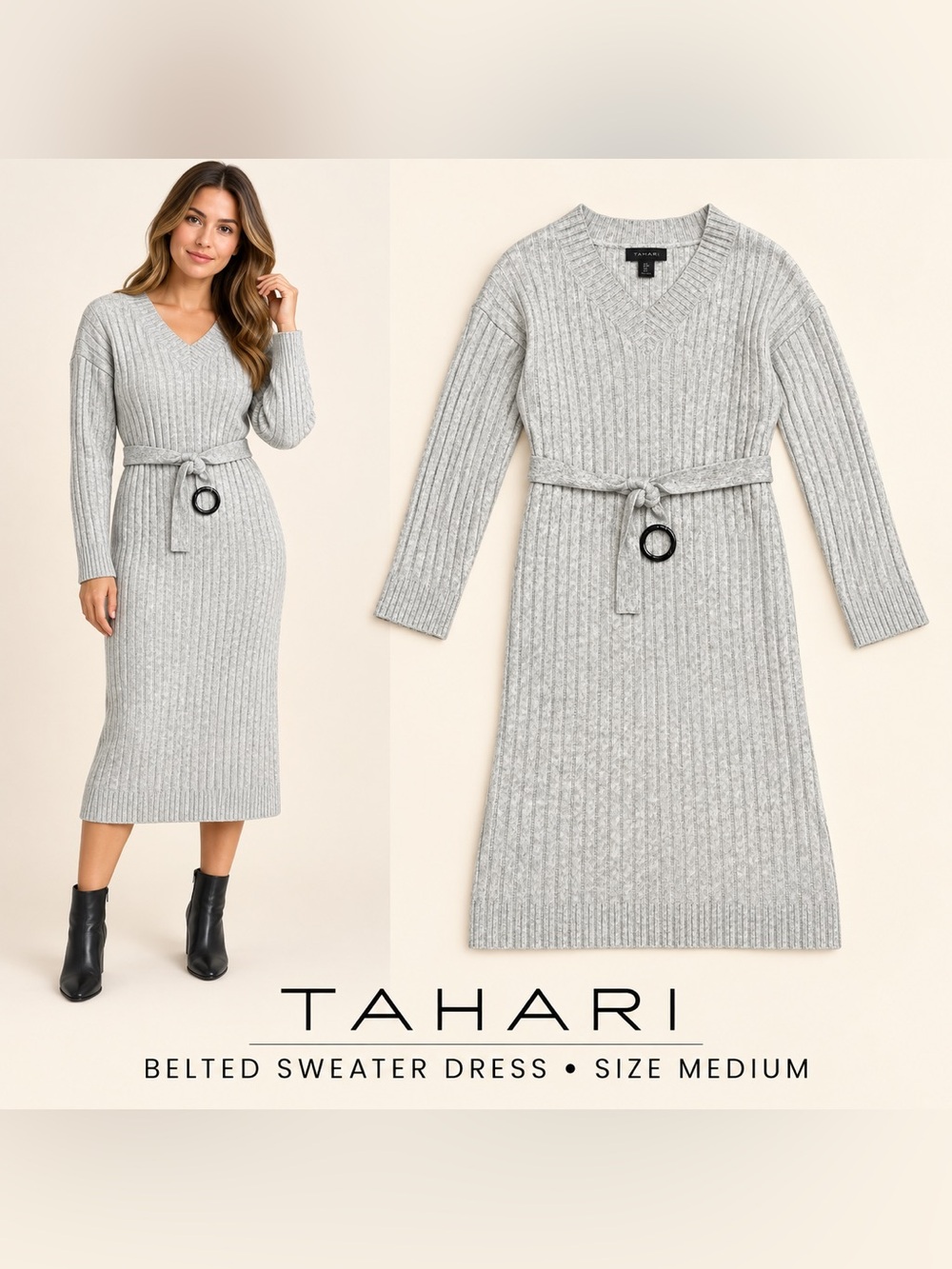 Tahari Light Gray Ribbed Belted Midi Sweater Dress Size Medium Fall Winter